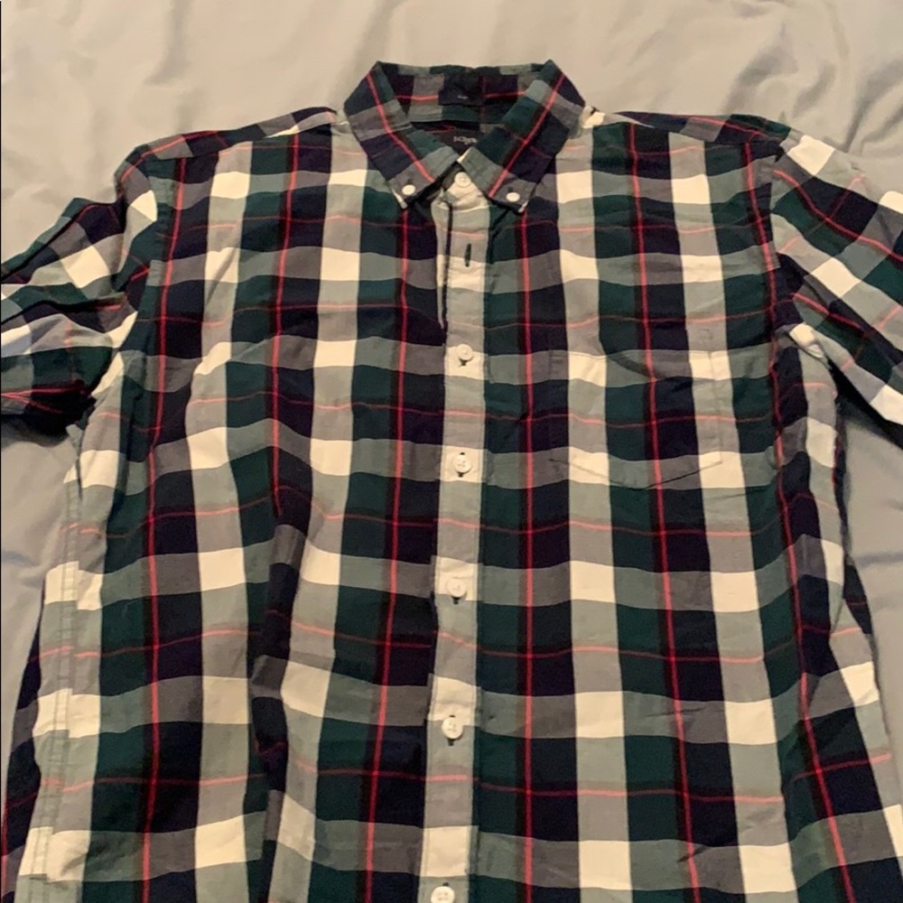 Red, green, navy and white checkered button down